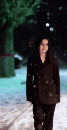 a woman in a black suit is walking down a snowy street .