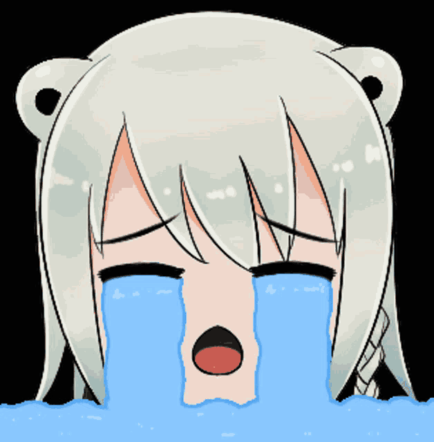 a cartoon girl with white hair is crying with blue tears coming out of her mouth
