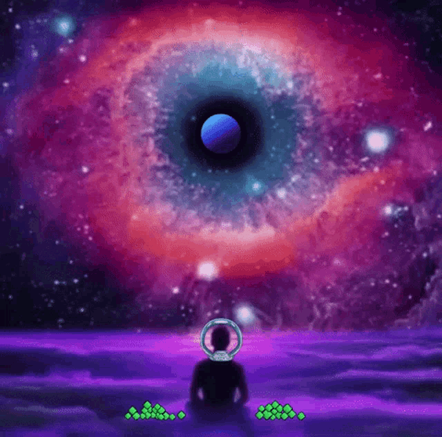 a man is sitting in a lotus position in front of a huge eye in the middle of a galaxy .