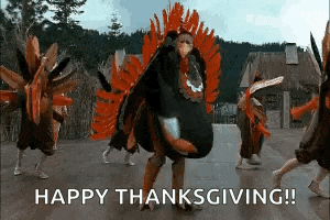a group of people dressed as turkeys are dancing in front of a thatched roof house .