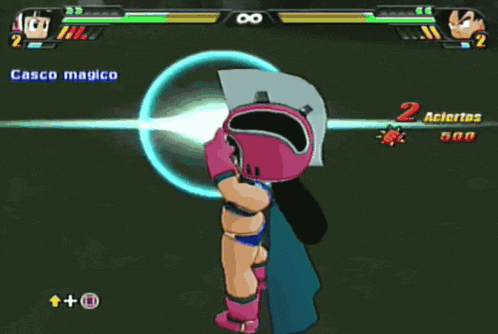 a video game with a character wearing a pink helmet that says casco magico on it