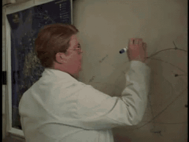 a man in a white coat is writing on a white board