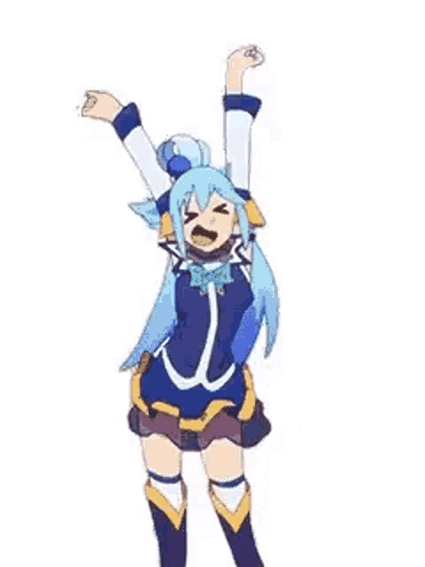 aqua is dancing with her arms in the air .