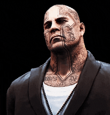 a man with a lot of tattoos on his face is wearing a suit