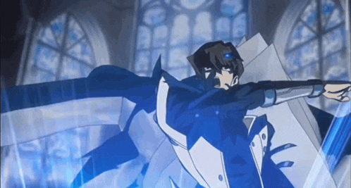 a man in a blue and white suit is standing in front of a window holding a sword .