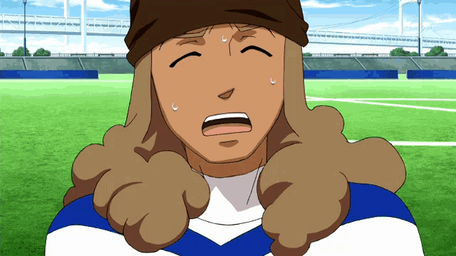 a cartoon character with a beanie on is sweating