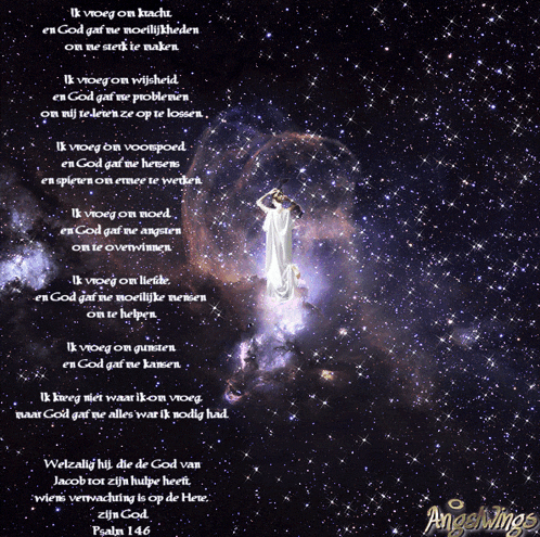 a picture of a woman in a white robe is surrounded by stars and the words angelwings