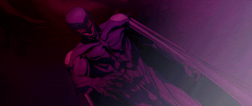 a purple superhero is holding a sword in his right hand