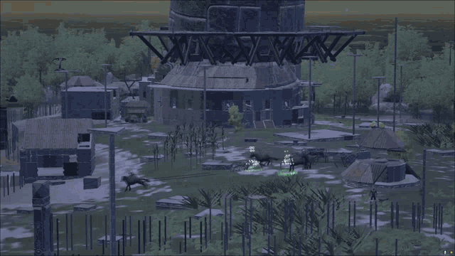 a computer generated image of a landscape with buildings and trees