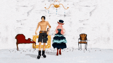 a man and a woman are dancing in front of a picture frame