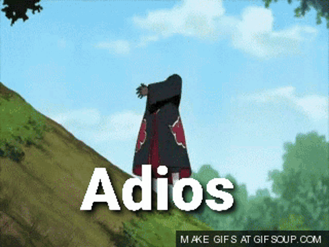 a cartoon character is standing on a hill with the word adios below him
