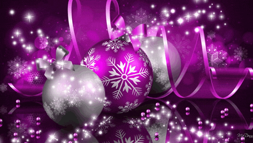 purple and silver christmas ornaments with snowflakes on them on a purple background