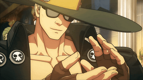a man wearing a hat and gloves has a skull patch on his jacket