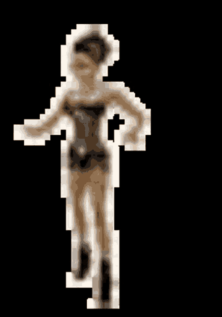 a pixel art of a woman in a bikini standing on a black background