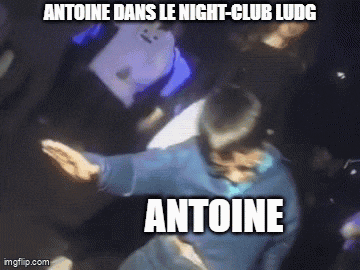 a man in a blue shirt is dancing in a dark room with the words antoine dans le night-club ludg above him