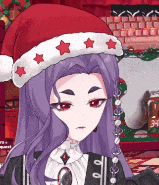 a girl with long purple hair wearing a santa hat with red stars