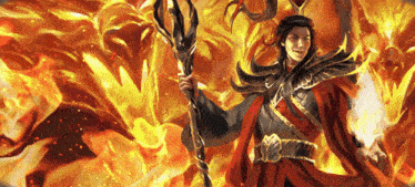 a man in a red cape is holding a staff in front of a fire background