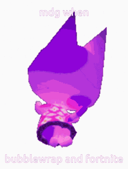a purple cat in a pink dress with the words mdg when bubblewrap and fortnite written below it