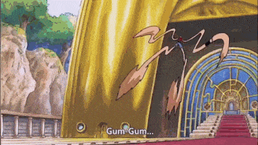 a cartoon of a building with the words gum-gum written on the bottom