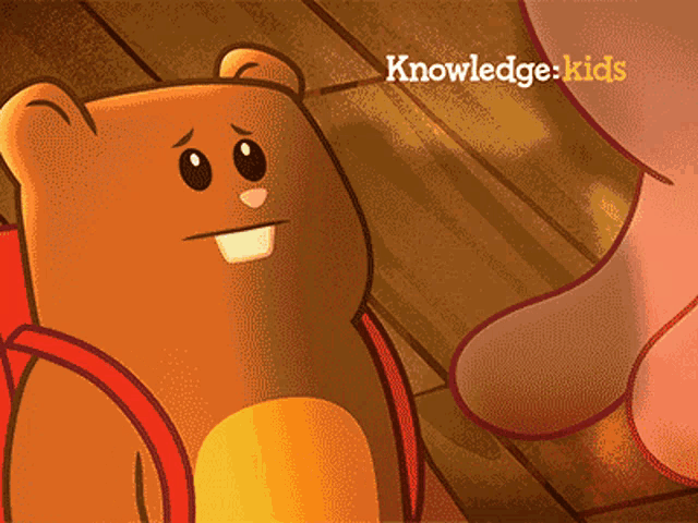 a cartoon of a bear with a backpack and the words knowledge kids on the bottom