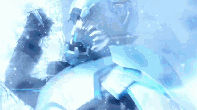 a robot with a helmet on is surrounded by a blue light .