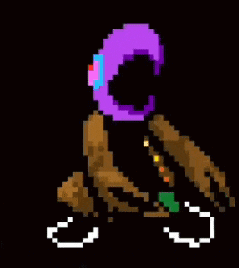 a pixel art of a person with a purple head and a yellow eye