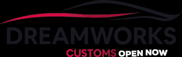 a logo for dreamworks customs that is open now