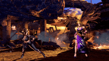 two women are fighting in a video game and one is wearing a purple skirt
