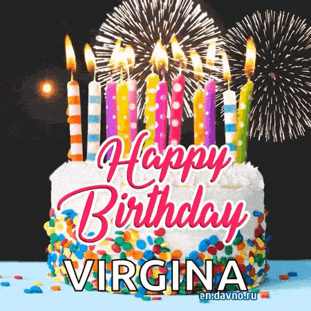 a birthday cake with candles and fireworks behind it for virginia