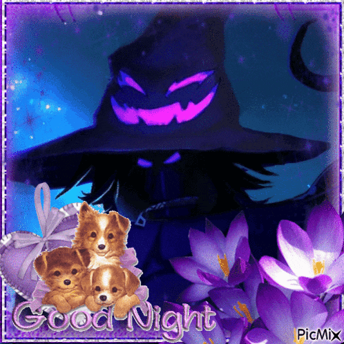 a picture of a scarecrow with purple flowers and the words good night on the bottom