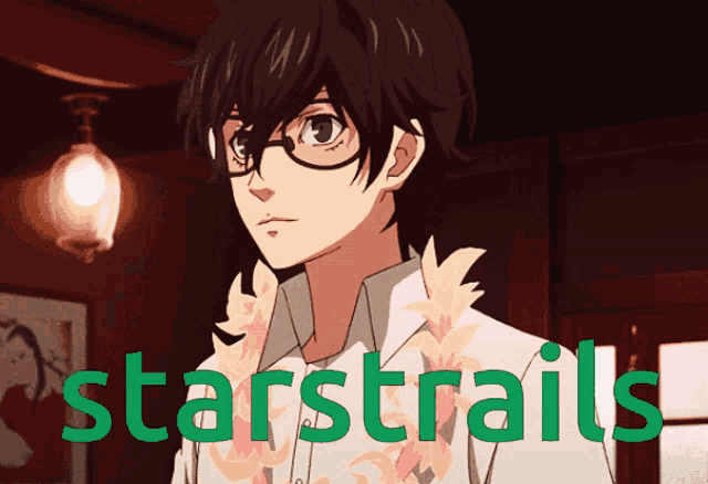 a picture of a boy with glasses and the word starstrails on the bottom
