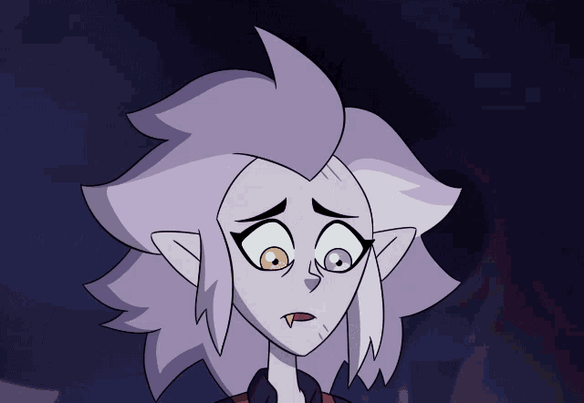 a close up of a cartoon character with a purple hair