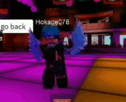 a video game character with blue wings is dancing in front of a sign that says " go back "