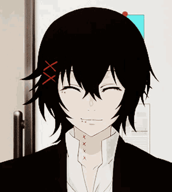 a girl with black hair and red eyes is wearing a black jacket and white shirt