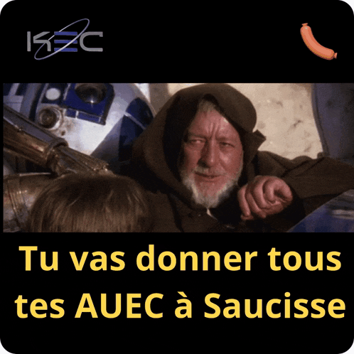 a picture of a man with the words tu vas donner tous tes auec a saucisse