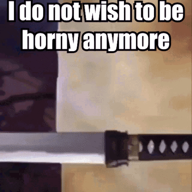 a picture of a sword with the words `` i do not wish to be horny anymore '' on it .