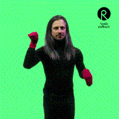 a man with long hair is flexing his muscles in front of a green background with the letters r on it