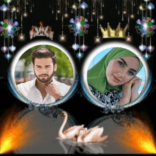 a picture of a man and a woman with a crown and a swan