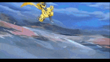 a cartoon character is flying through the air over a snowy mountain .