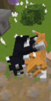 a black and white dog is laying on top of an orange dog in a video game .