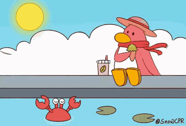a cartoon of a duck eating an ice cream cone next to a crab