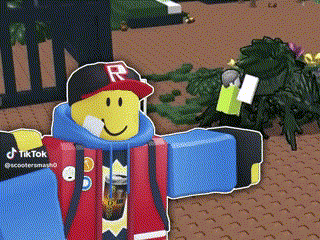 a yellow roblox character wearing a red hat and a blue jacket is standing next to a pile of plants .