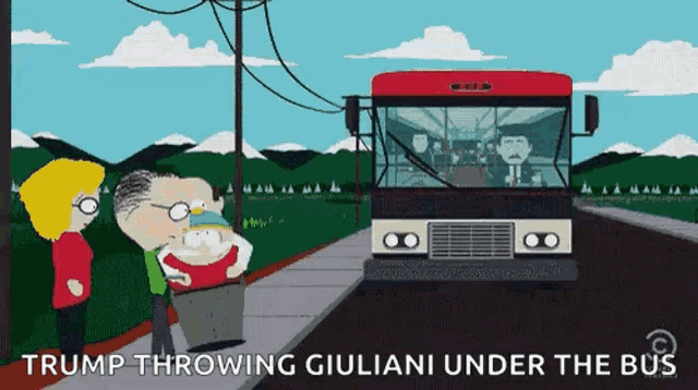 a cartoon shows a man throwing giuliani under a bus