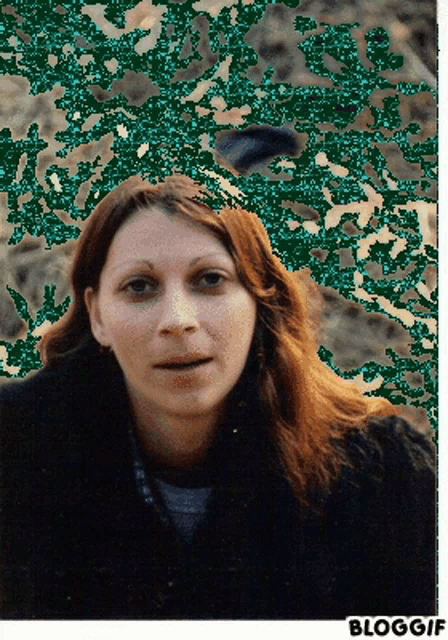 a woman 's face is displayed in front of a green background with the words bloggif below her