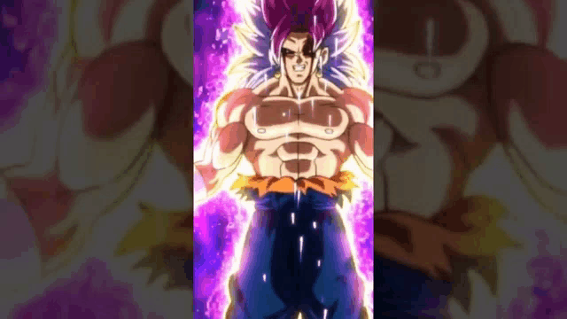 a cartoon character with purple hair and a purple background is standing in front of a purple light .