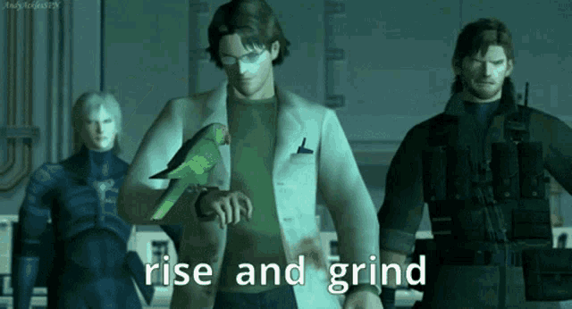 a video game character with a parrot on his hand and the words rise and grind below him