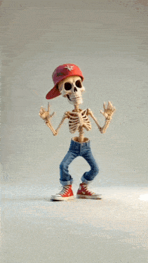 a skeleton wearing a red hat and jeans is dancing