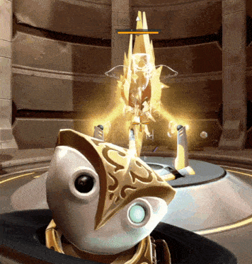 a video game character with a sword and shield in a room with a gold statue in the background