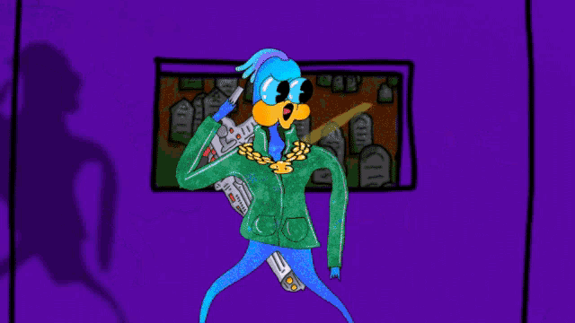 a cartoon of a blue bird holding a gun with the number 931 on the back