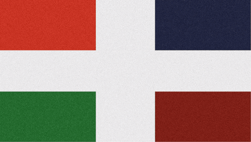 a red green and blue flag with a white cross